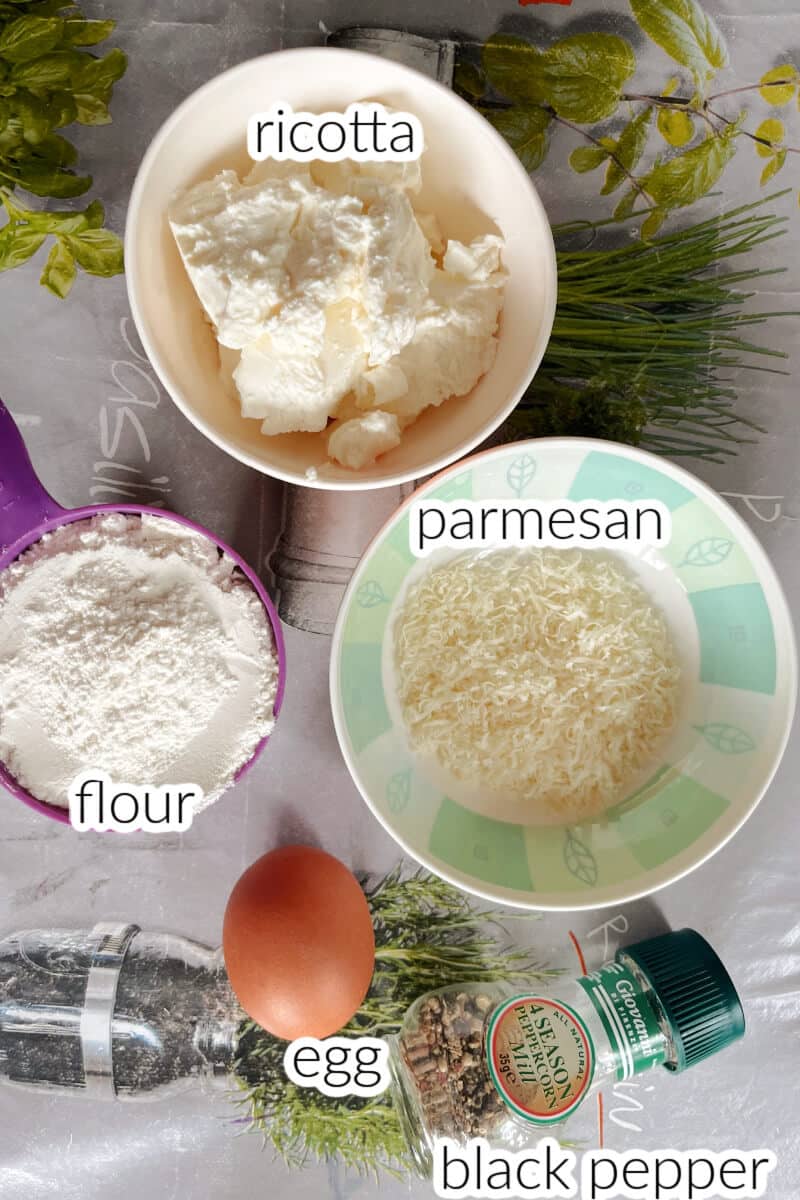 Ingredients used to make gnocchi with ricotta.