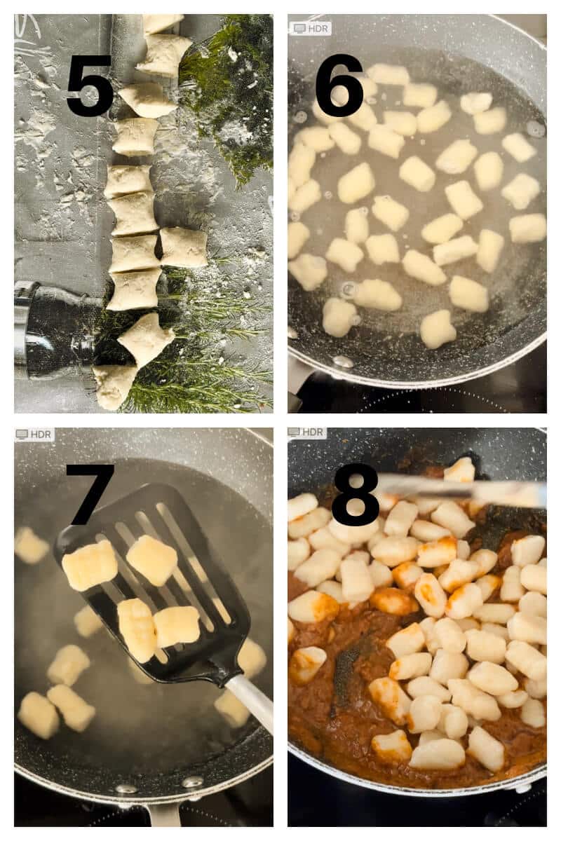 Collage of 4 photos to show how to cook the ricotta gnocchi.