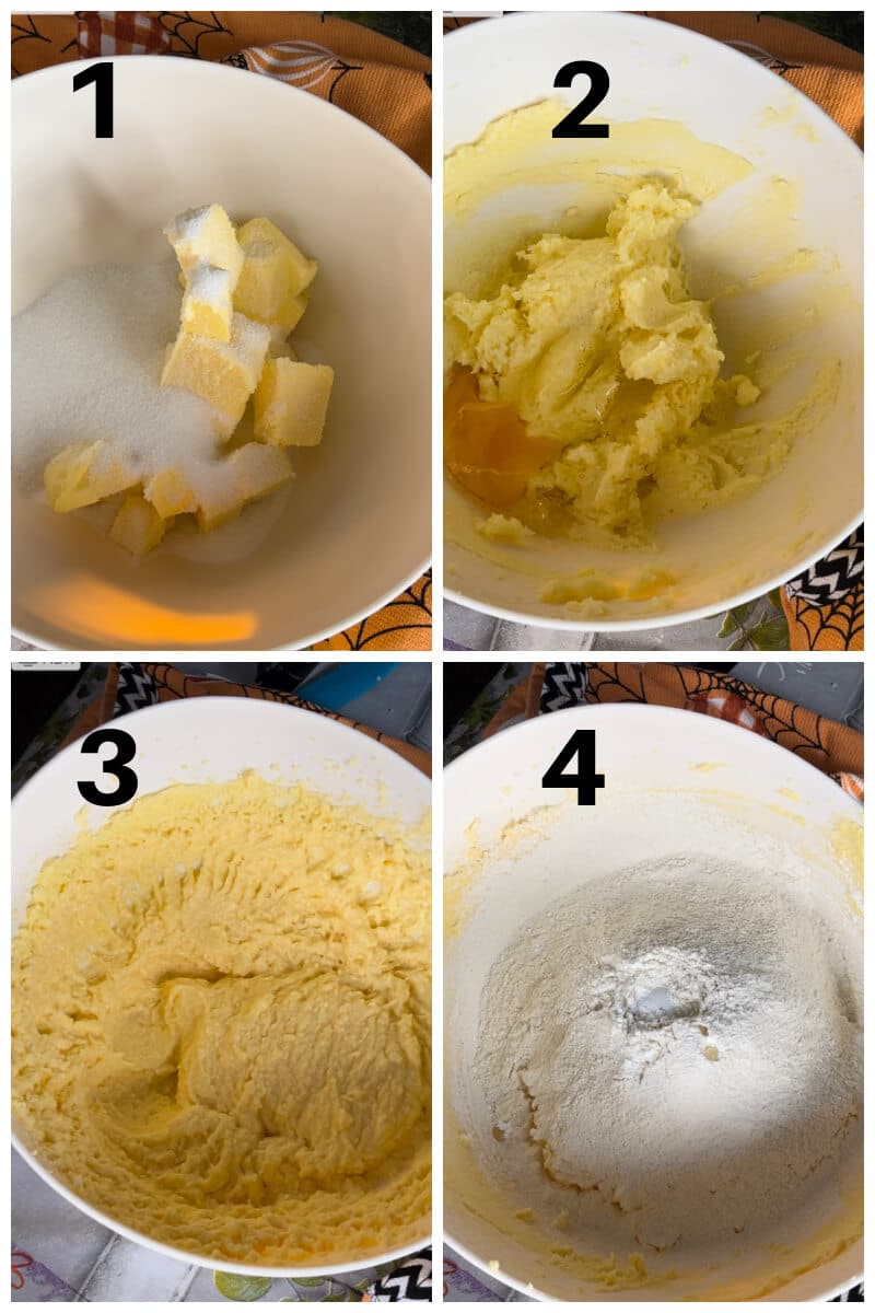 Collage of 4 photos to show how to make vanilla sponge.