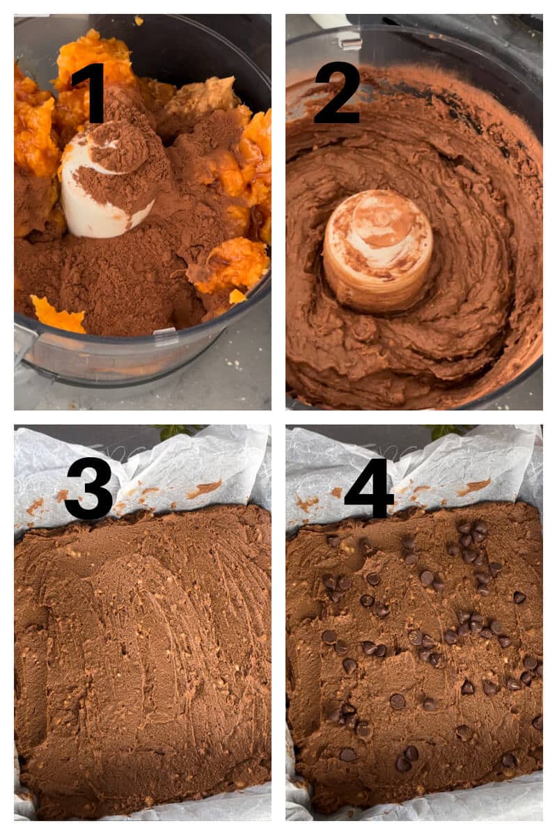 Collage of 4 photos to show how to make flourless sweet potato brownies.