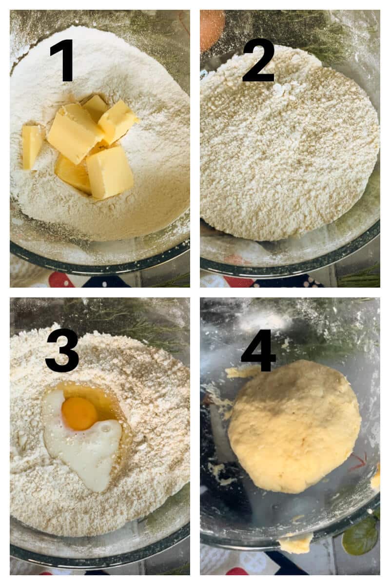 Collage of 4 photos to show how to make sweet pastry for pies.