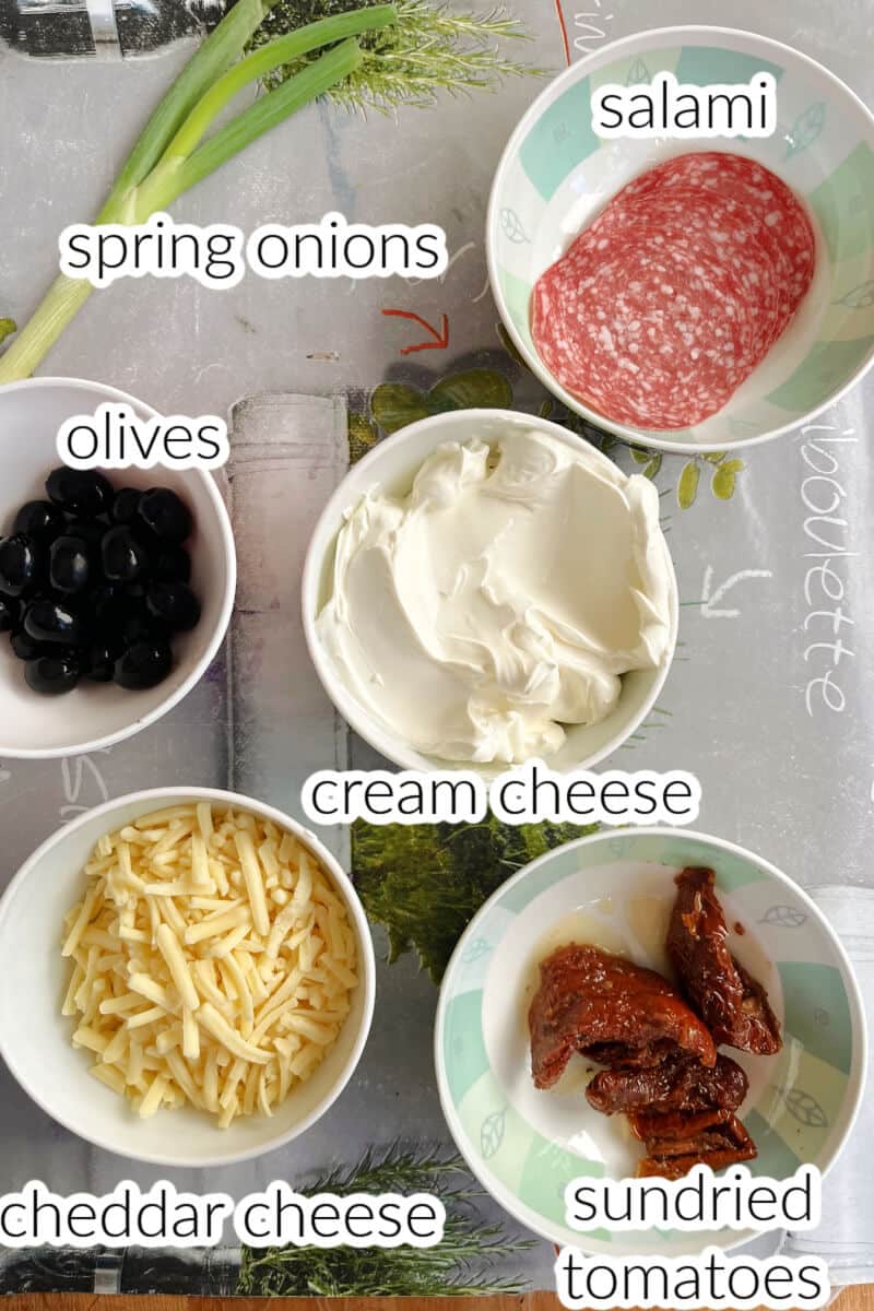 Ingredients used to make mini cream cheese balls.