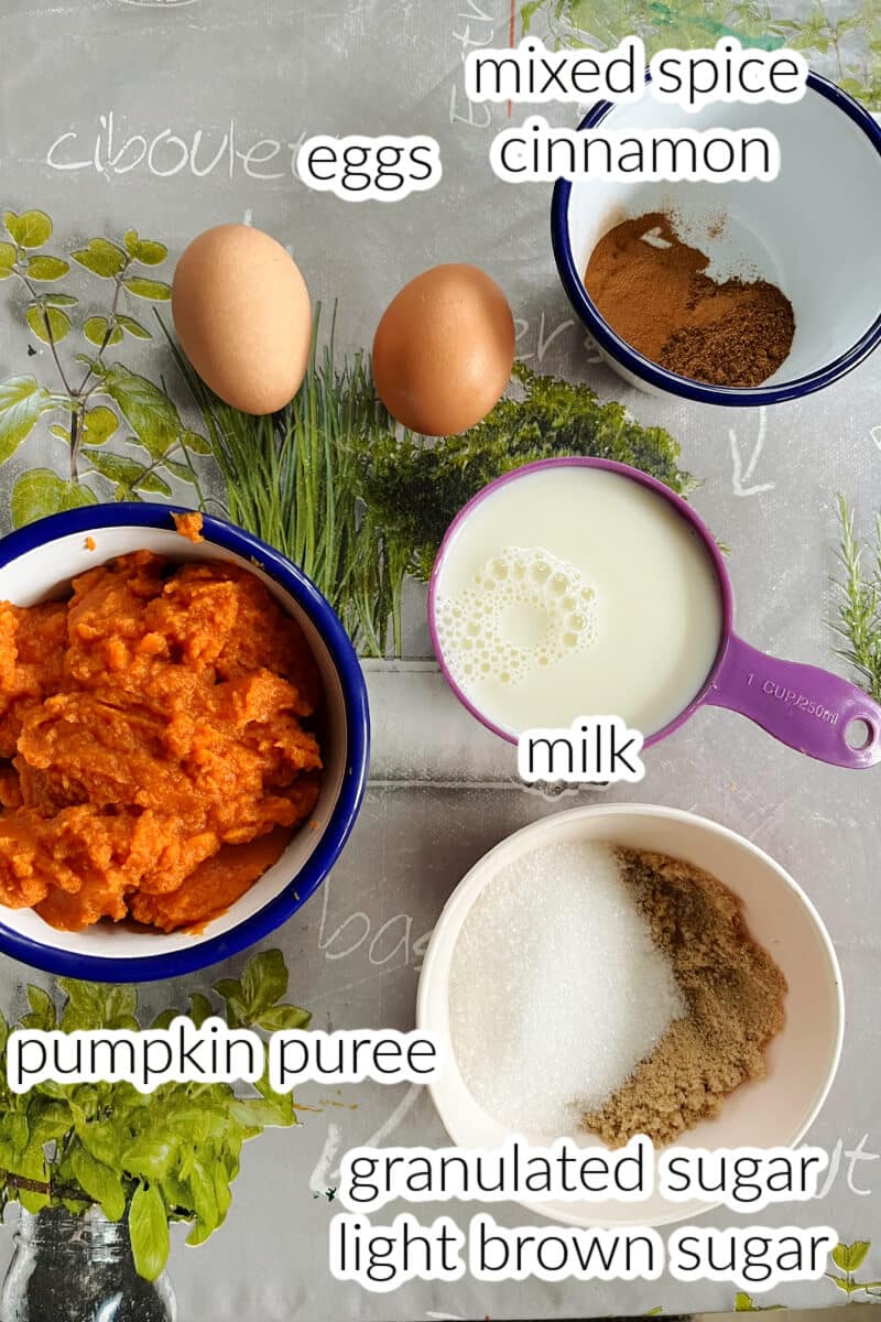 Ingredients used to make pumpkin pie filling.