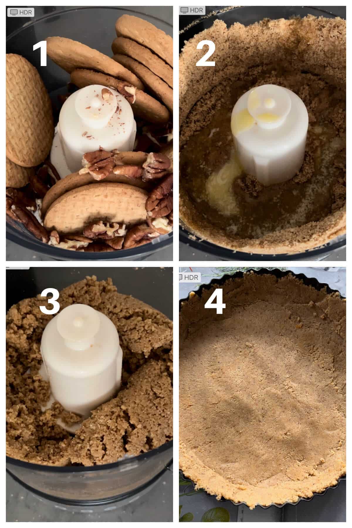 Collage of 4 photos to show how to make pecan crust for pumpkin pie.