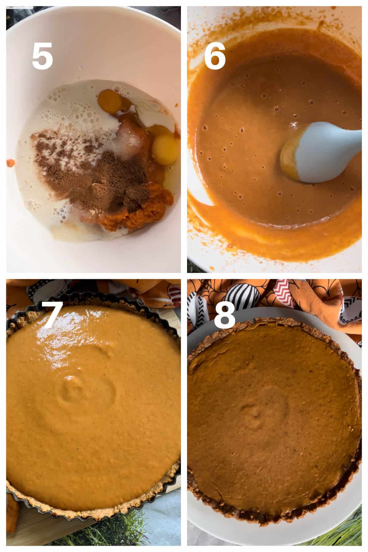 Collage of 4 photos to show how to make pumpkin pie filling.