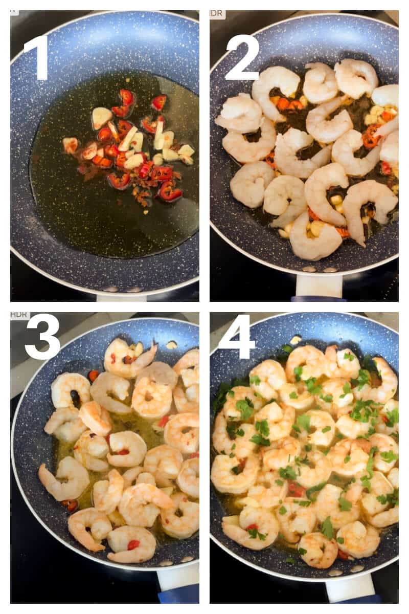 Collage of 4 photos to show how to make gambas pil pil.