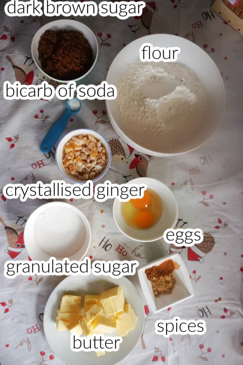 Ingredients used to make ginger cookies with crystallised ginger.