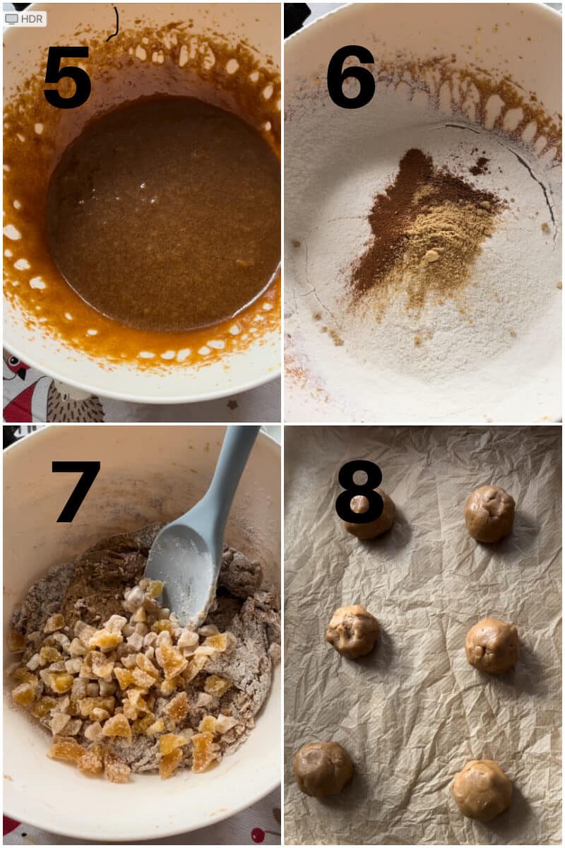 Collage of 4 photos to show how to make ginger cookies with crystallised ginger.