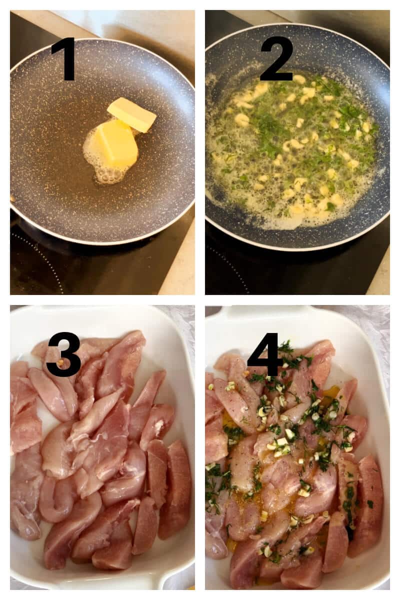 Collage of 4 photos to show how to make chicken tenders in garlic butter sauce.