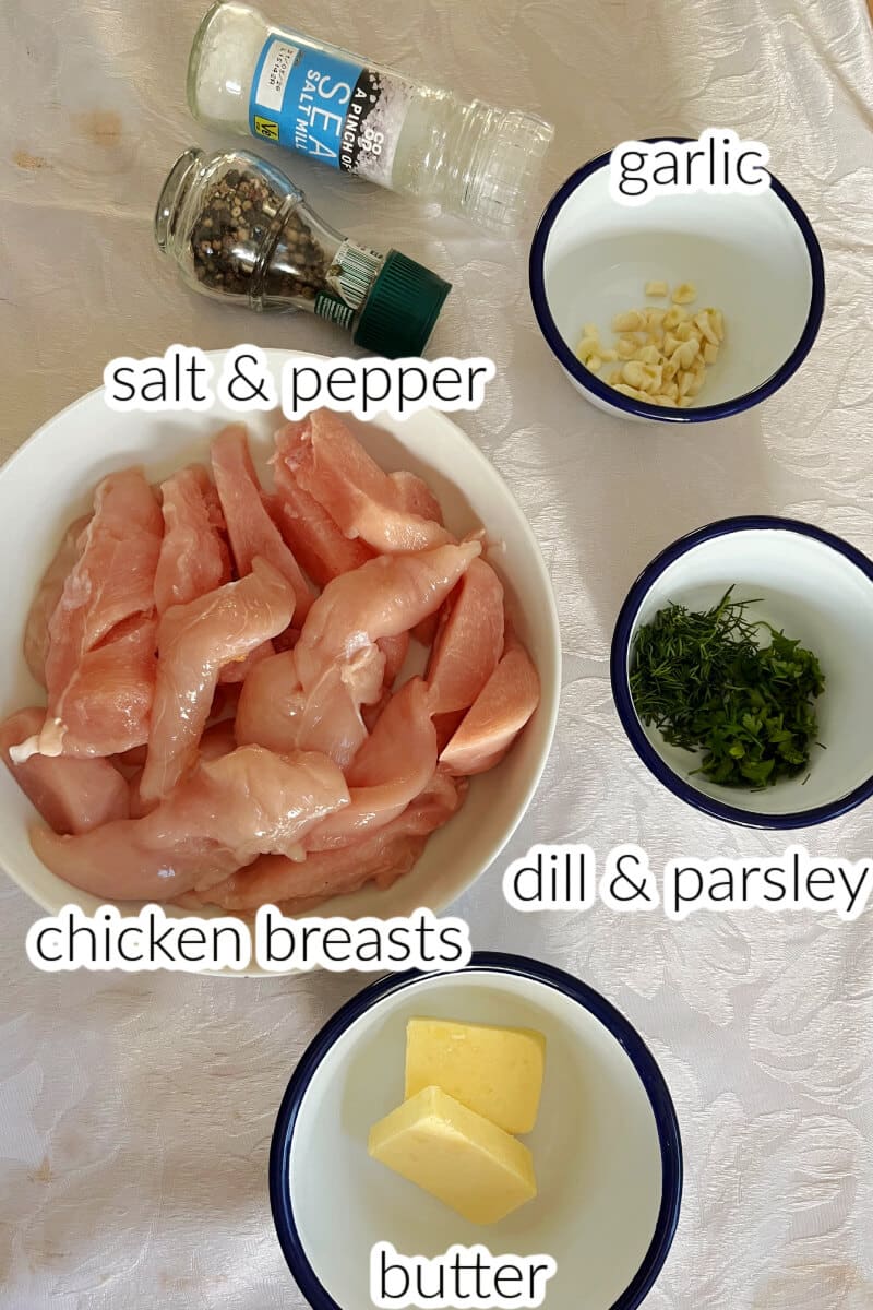 Ingredients needed o make garlic butter chicken.