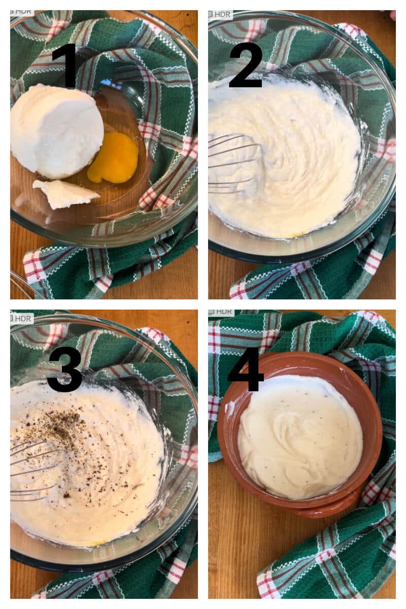 Collage of 4 photos to show how to make baked ricotta.