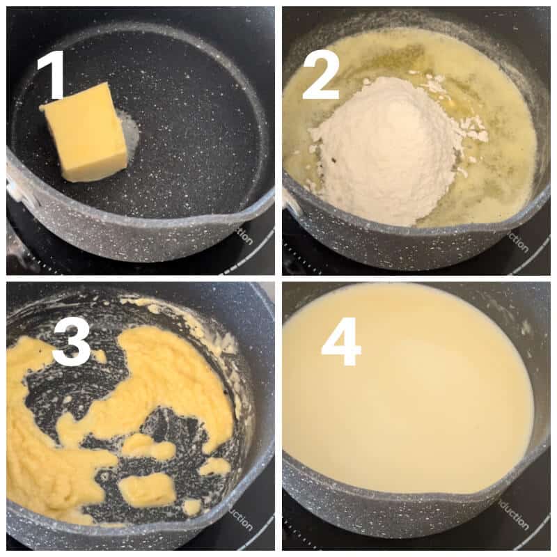 Collage of 4 photos to show how to make Guinness cheese dip.