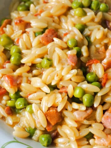 Close-up shoot of a plate with orzo with bacon and peas.