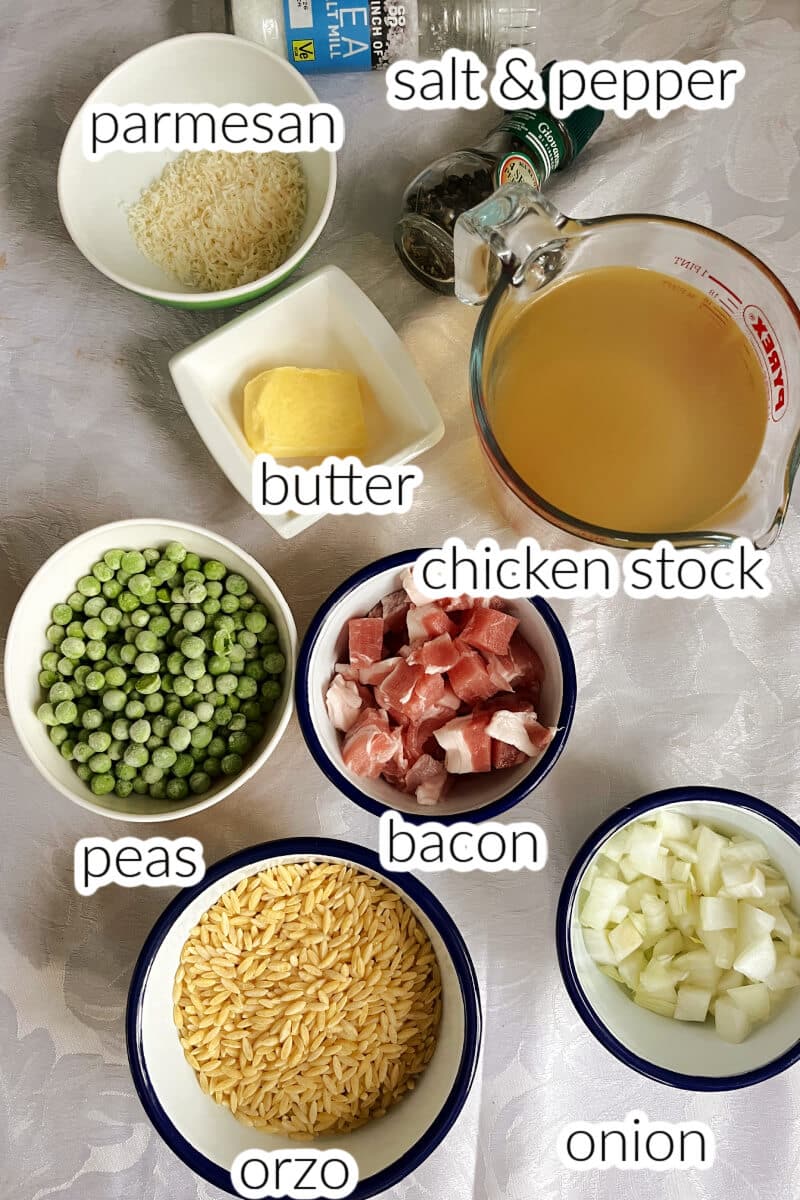 Ingredients used to make orzo with peas and bacon.