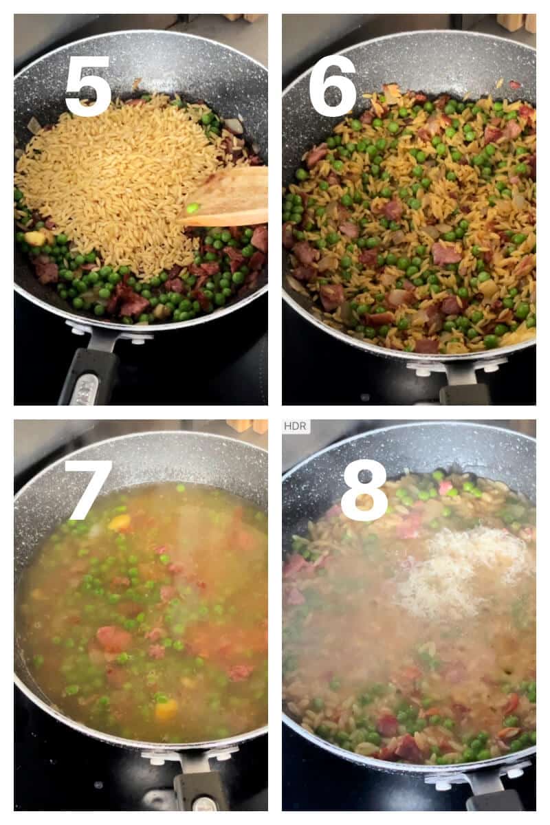 Collage of 4 photos to show how to make orzo in one pan.