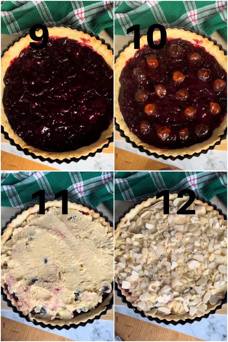 Collage of 4 photos to show how to fill and top a cherry bakewell tart.