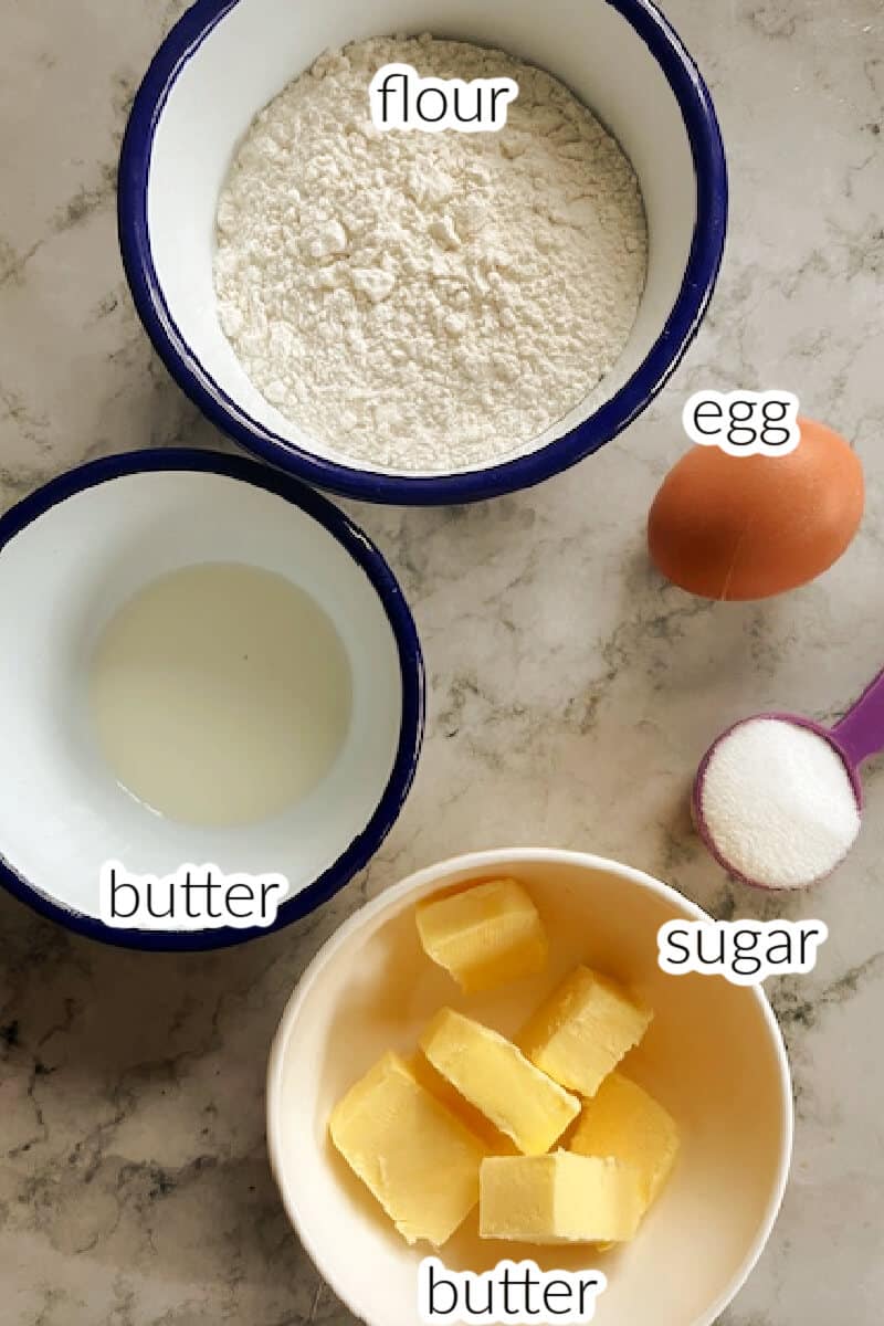 Ingredients used to make sweet shortcrust pastry.