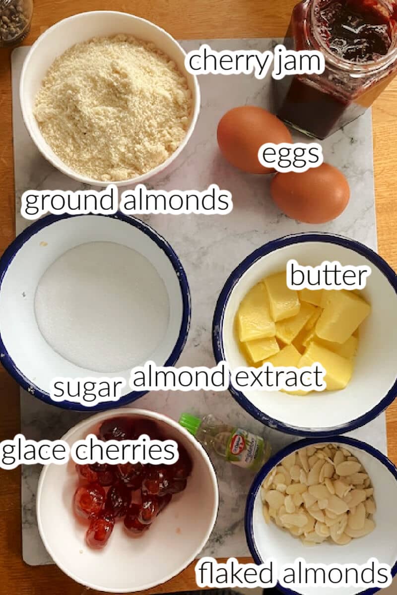 Ingredients needed to make the filling and topping for the bakewell tart.