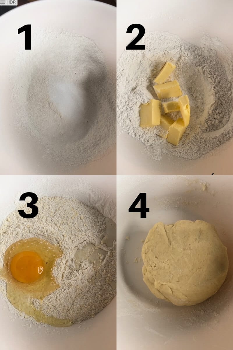 Collage of 4 photos to show how to make sweet shortcrust pastry. 