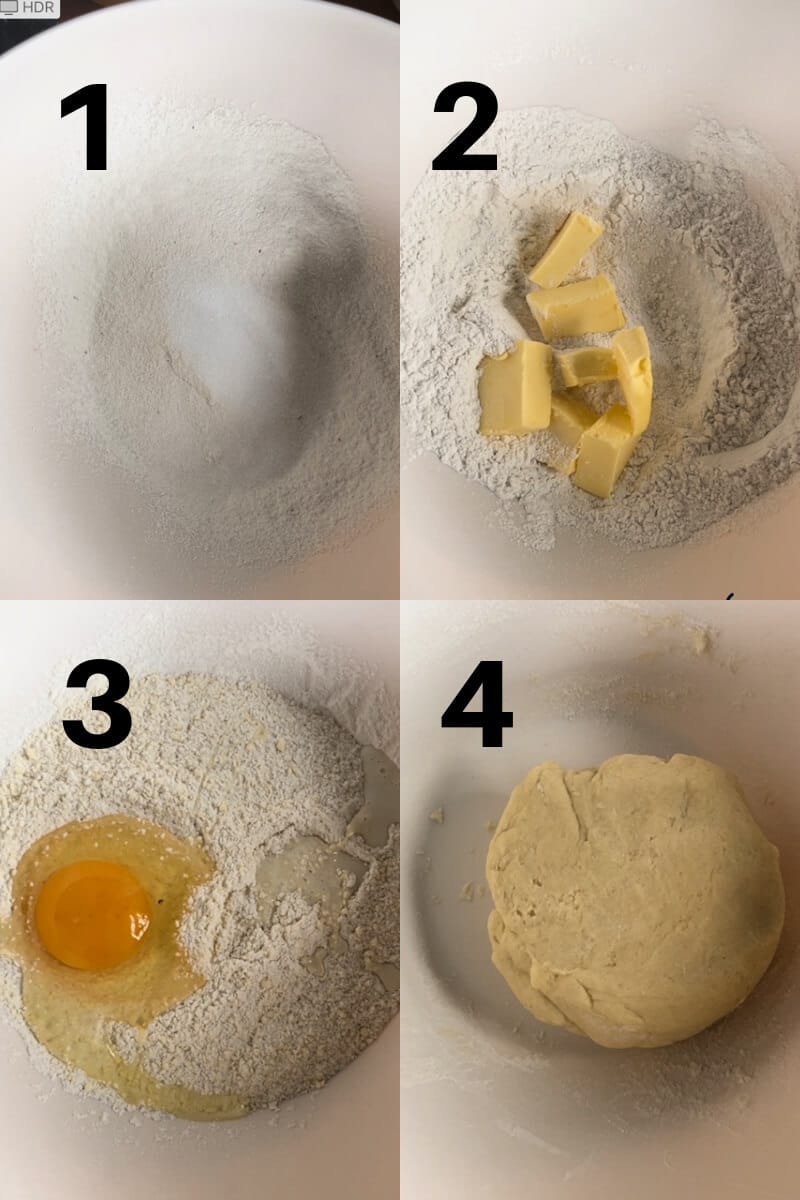 Collage of 4 photos to show how to make sweet shortcrust pastry.