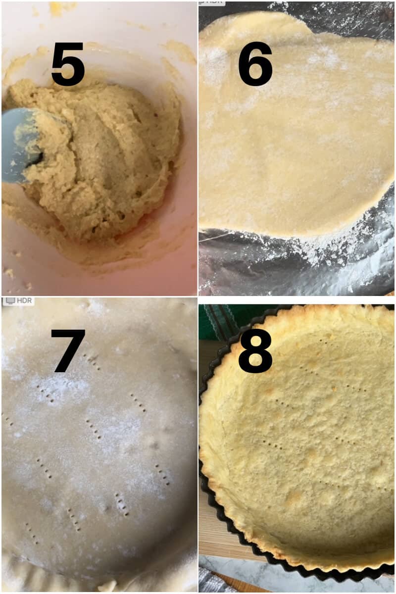 Collage of 4 photos to show how to make the frangipane and assemble the shortcrust pastry.