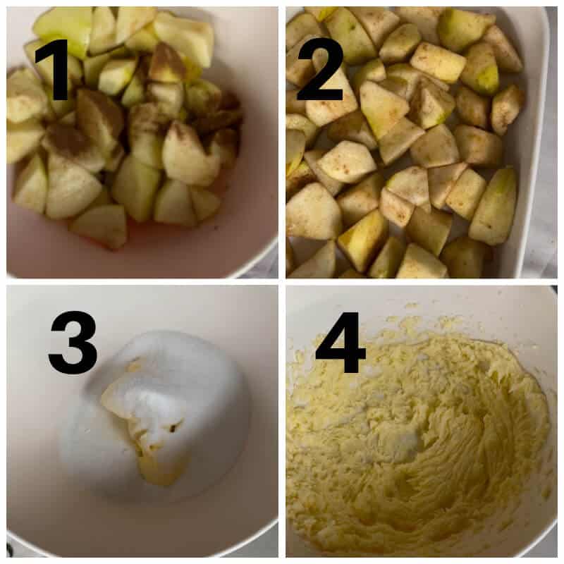 Collage of 4 photos to show how to make eve's pudding.