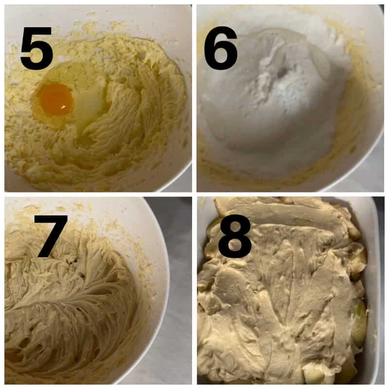 Collage of 4 photos to show how to make the sponge for eve's pudding.