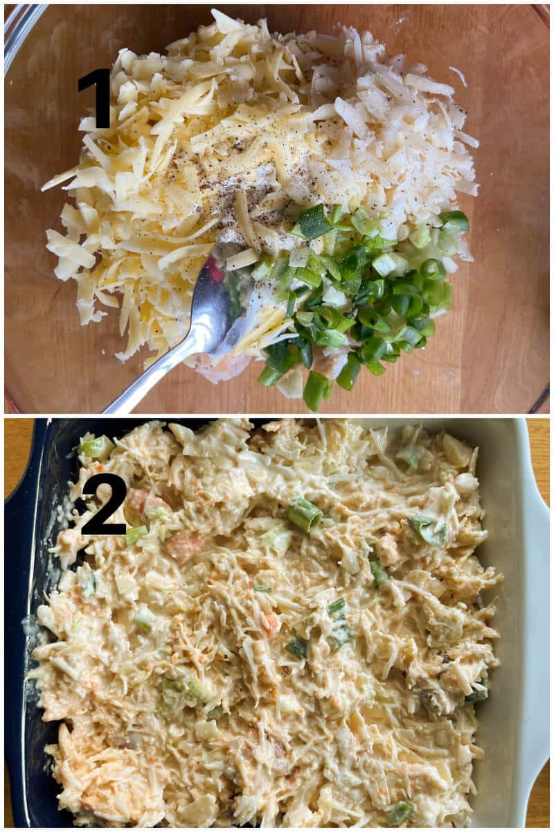 Collage of 2 photos to show how to make hot crab dip.
