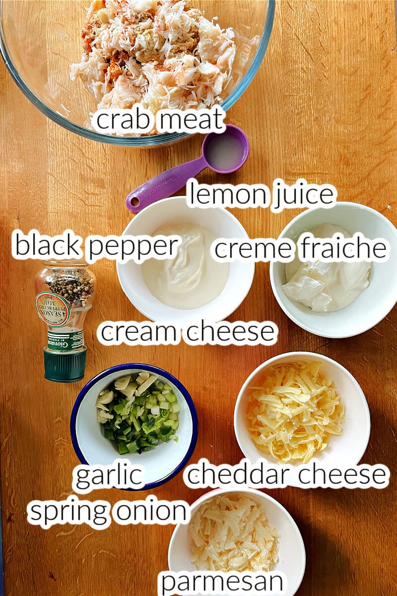 Ingredients used to make baked crab dip.