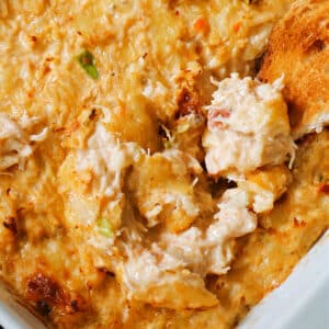 Close-up shoot of a dish with baked crab dip.