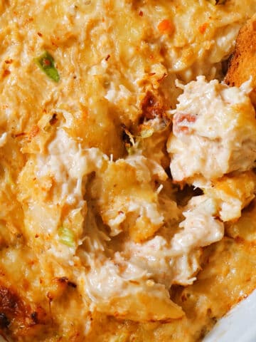 Close-up shoot of a dish with baked crab dip.