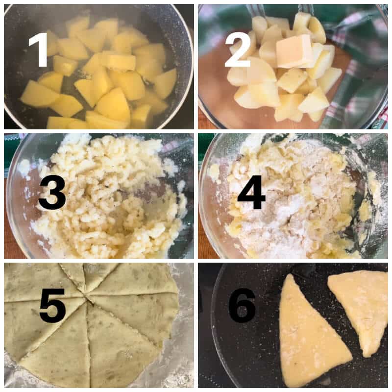 Collage of 6 photos to show how to make Irish potato cakes.