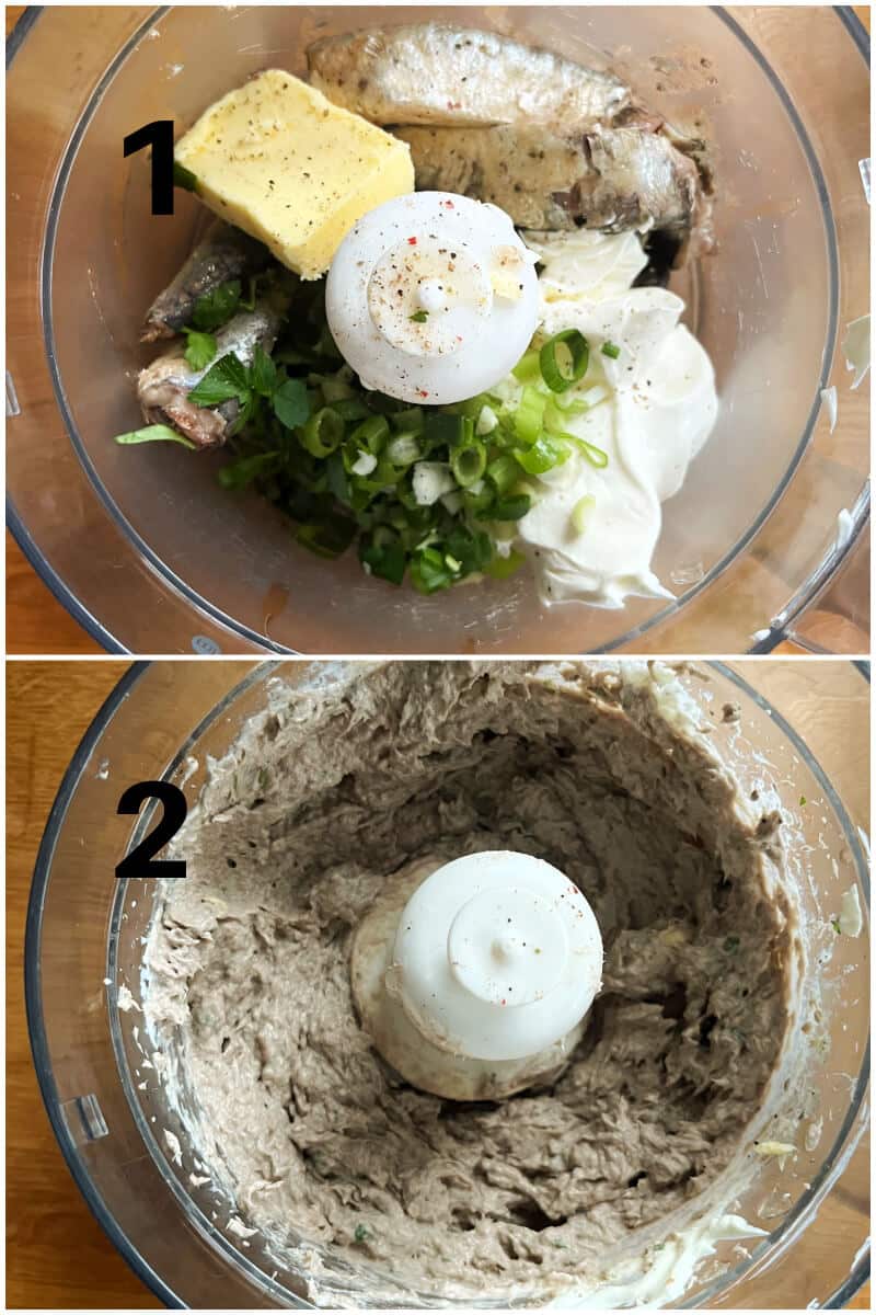 Collage of 2 photos to show how to make sardine pate.