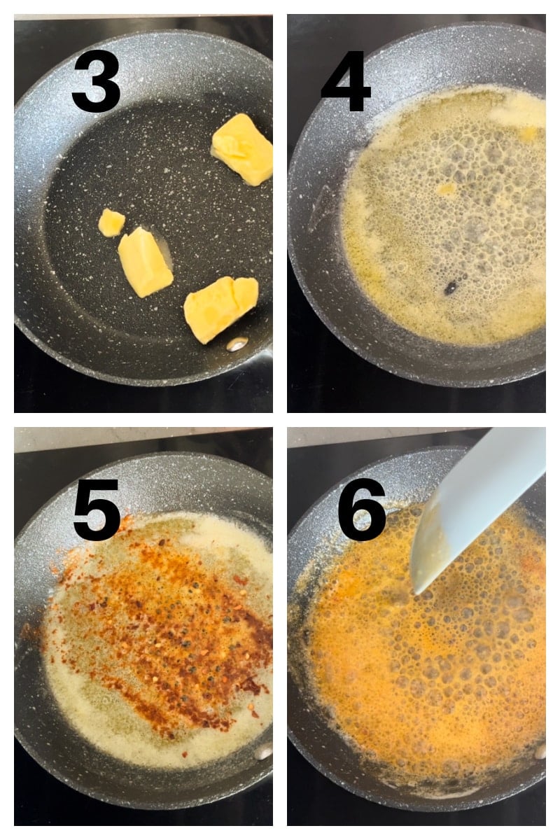 Collage of 4 photos to show how to make spicy butter sauce.