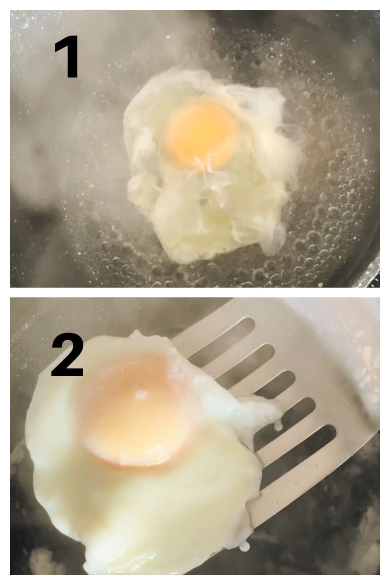 Collage of 2 photos to show how to make poached eggs.