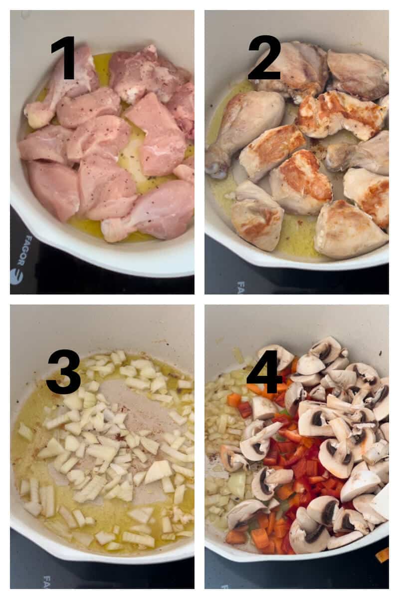 Collage of 4 photos to show how to make chicken cacciatore.