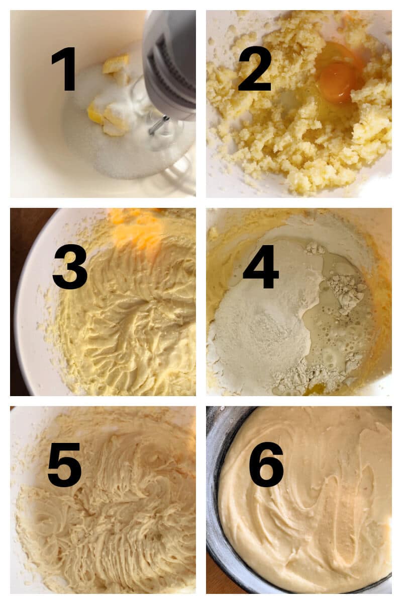 Collage of 6 photos to show how to make sponge cake.