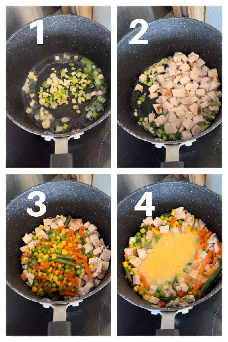 Collage of 4 photos to show how to show how to make leftover roast pork egg fried rice.