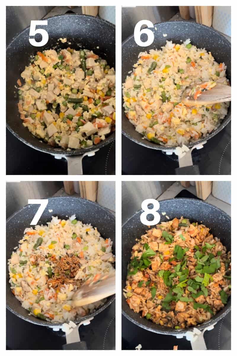 Collage of 4 photos to show how to make pork fried rice.