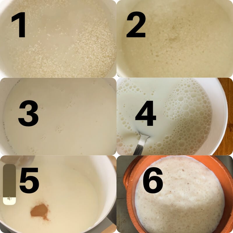 Collage of 6 photos to show how to make rice pudding the Turkish way.