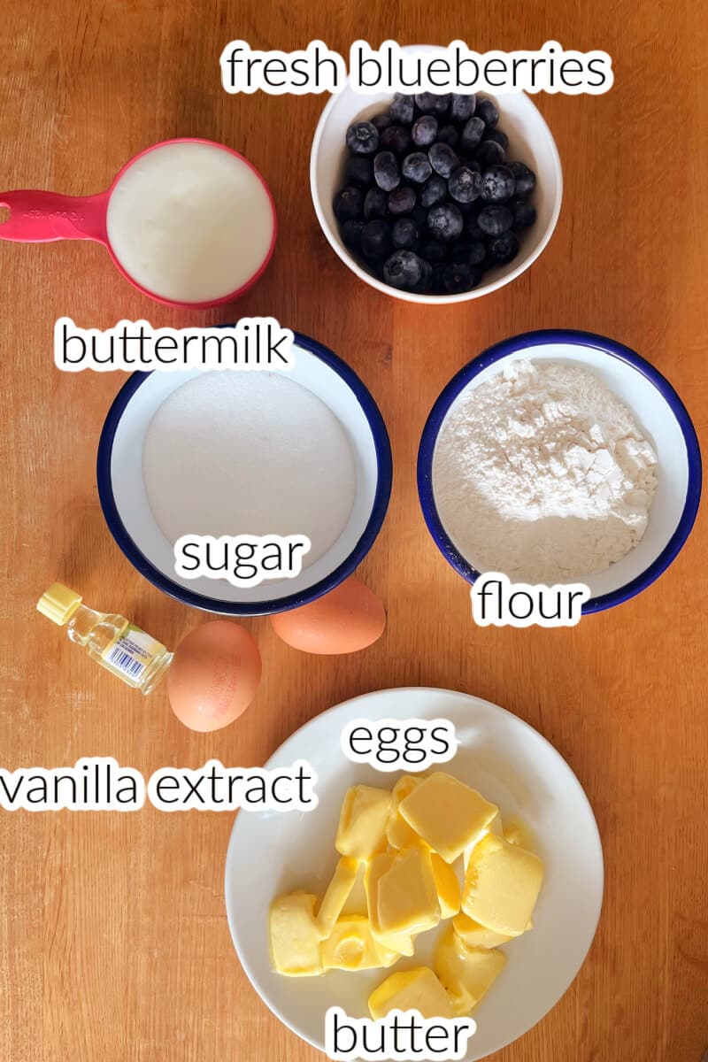 Ingredients used to make blueberry cake.