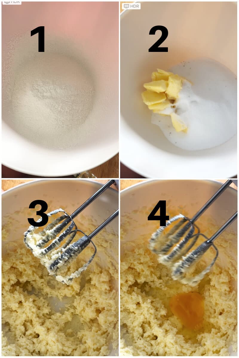 Collage of 4 photos to show how to make the sponge for the blueberry cake.