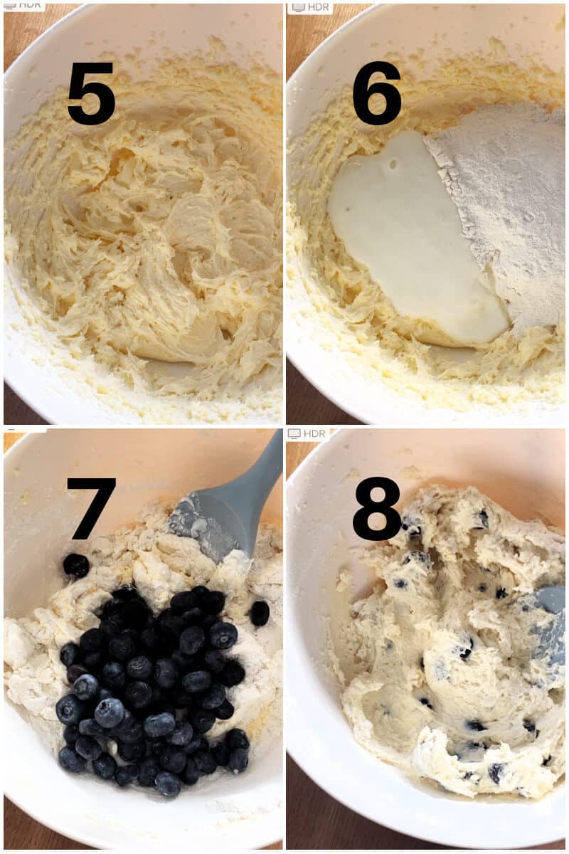 Collage of 4 photos to show how to make blueberry buttermilk cake.