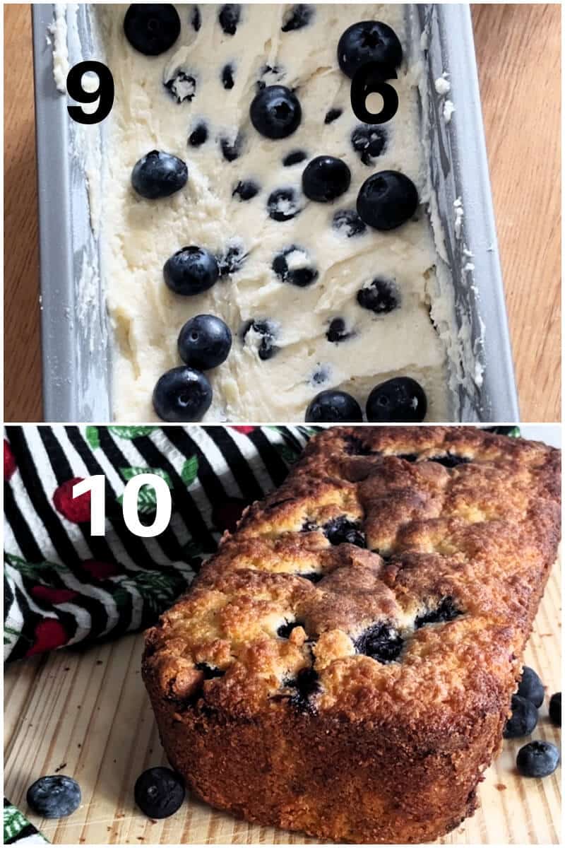 Collage of 2 photos to show how to make a cake loaf with blueberries.