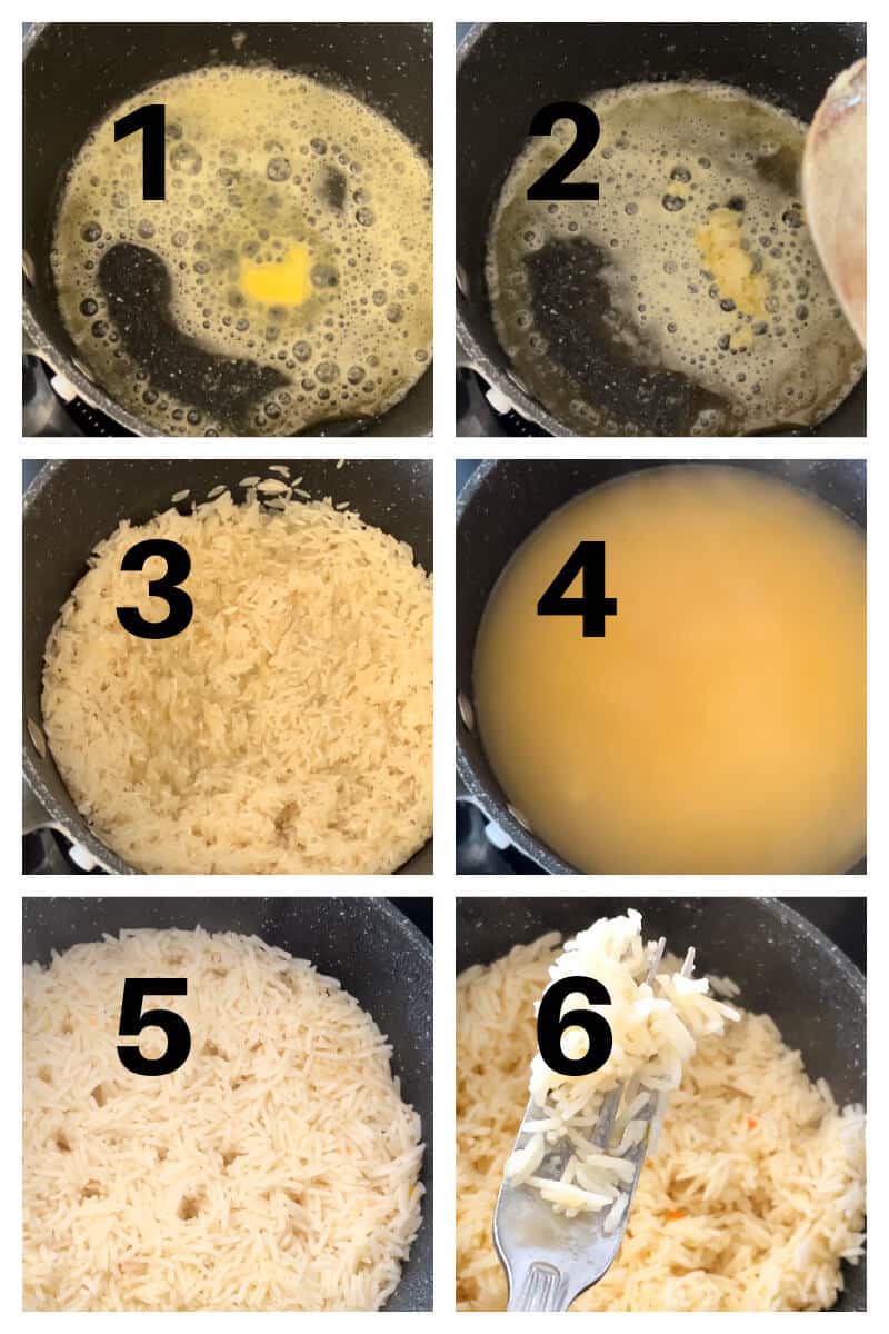 Collage of 6 photos to show how to make garlic butter rice.