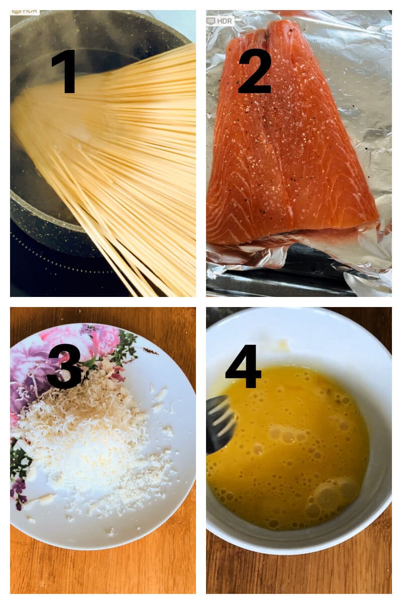 Collage of 4 photos to show how to make salmon spaghetti carbonara.
