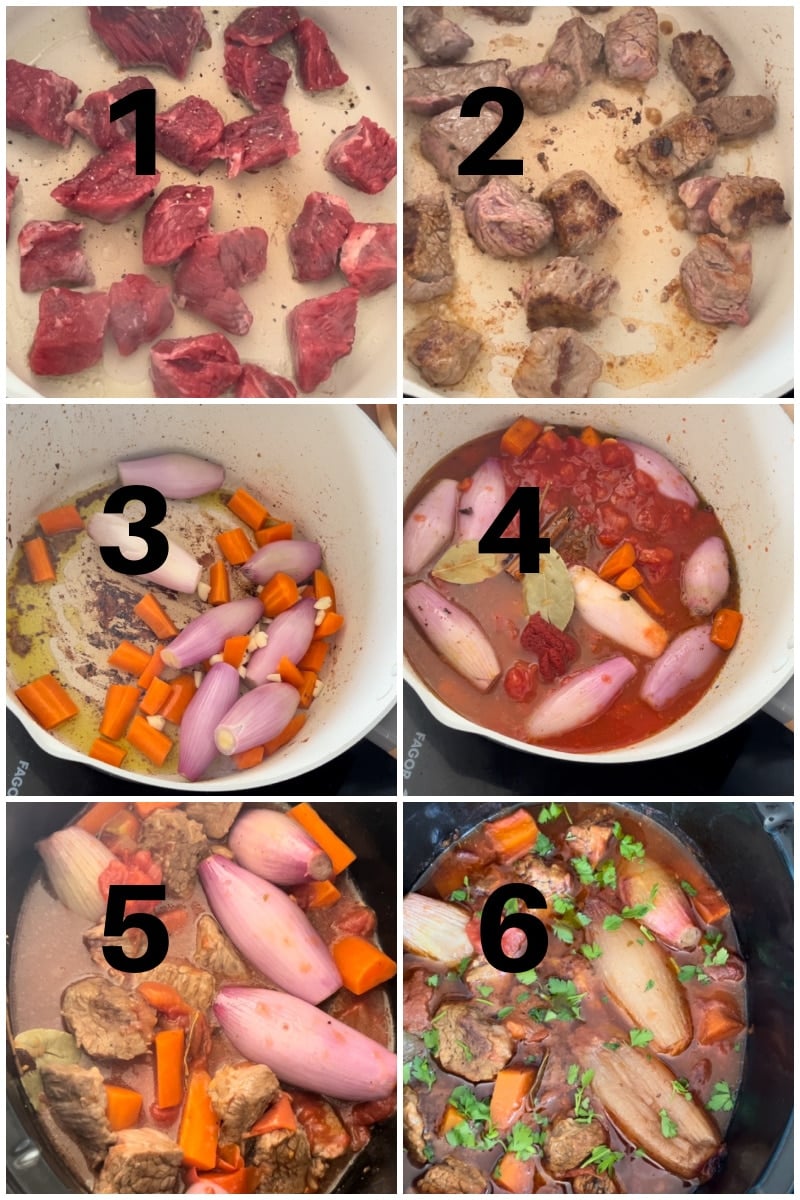 Collage of 6 photos to show how to make beef stifado.