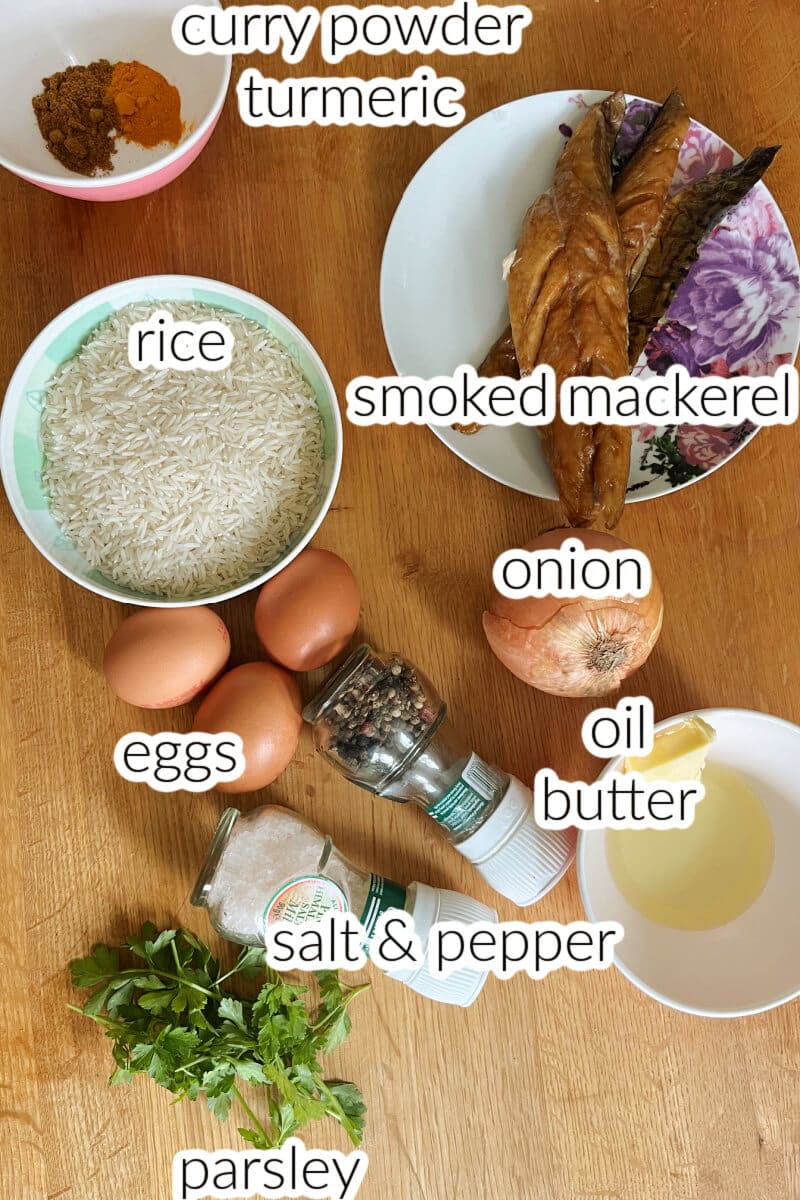 Ingredients needed to make kedgeree with smoked mackerel.