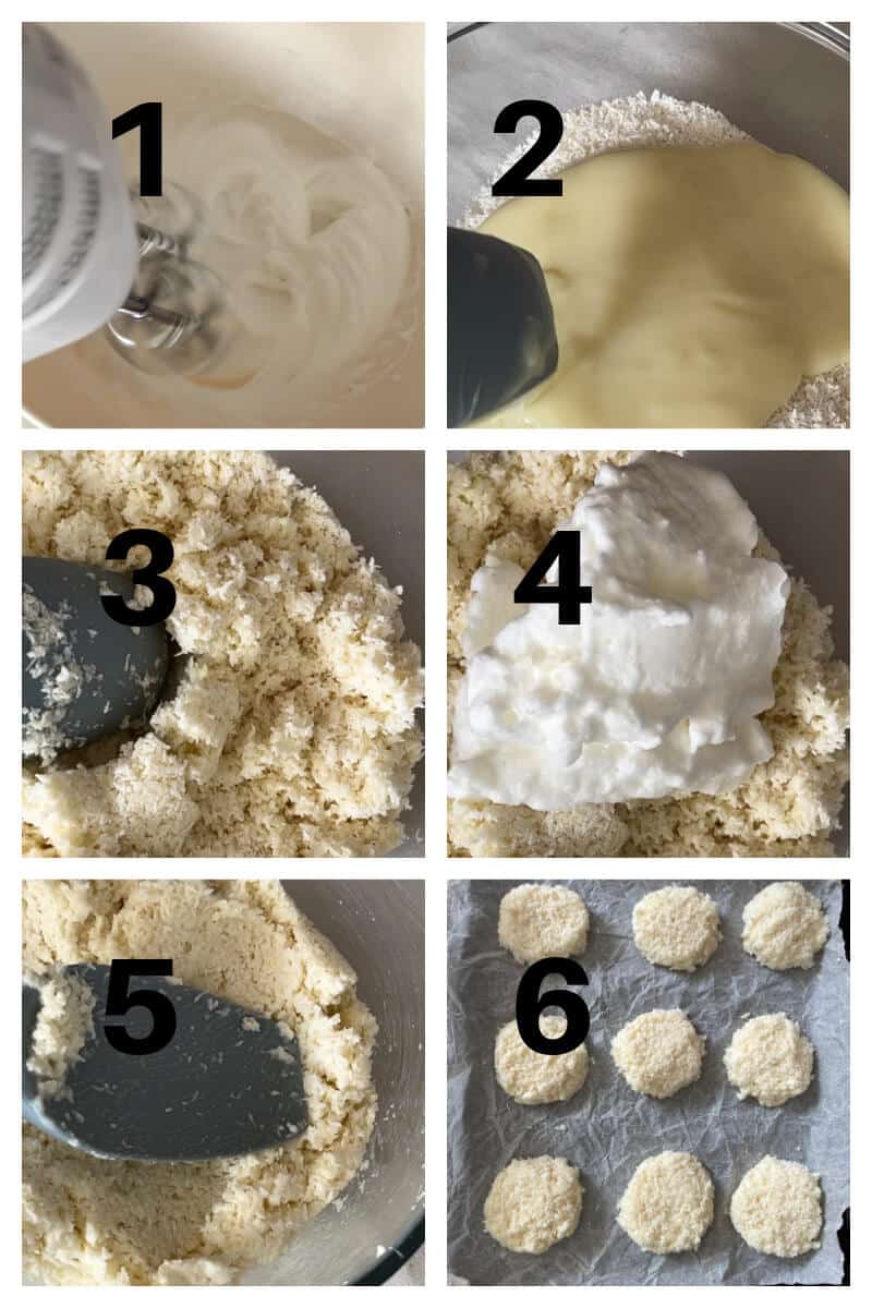 Collage of 6 photos to show how to make coconut macaroons with only 3 ingredients.