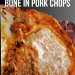 A pork chop on a floral plate.
